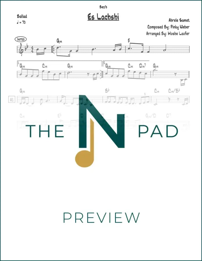 Sheet music for "Es Lachshi" by The Notation Pad, featuring a lead sheet with musical notation on white paper.