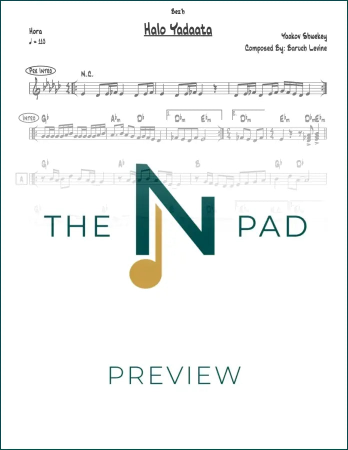 Sheet music for "Halo Yadaata" by Shwekey, published by The Notation Pad, showing musical notation on a lead sheet.