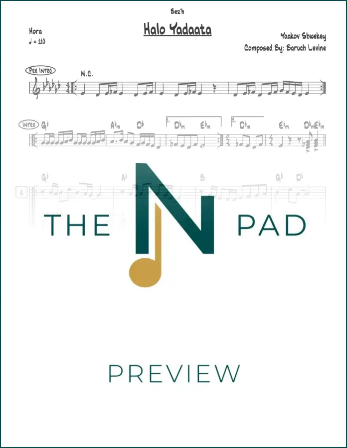Sheet music for "Halo Yadaata" by Shwekey from The Notation Pad, showing musical notes on a printed lead sheet.