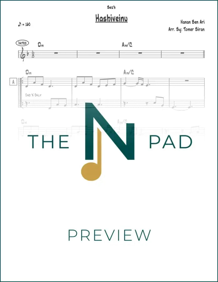 Sheet music for "Hashiveinu" by Hanan Ben Ari from The Notation Pad, showing musical notes and lyrics on the lead sheet.