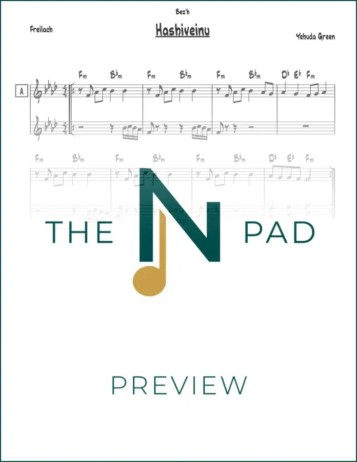 Sheet music for Hashiveinu Yehuda Green by The Notation Pad, featuring lead sheet notation on green background.
