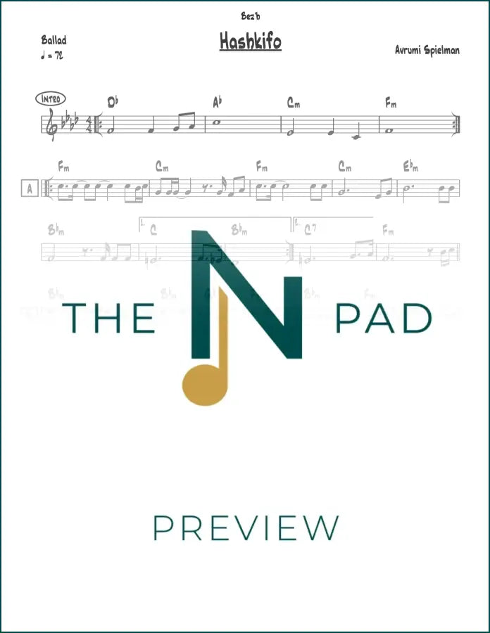 Sheet music for "Hashkifo" by Avrumi Spielman from The Notation Pad, featuring lead sheet with musical notes.