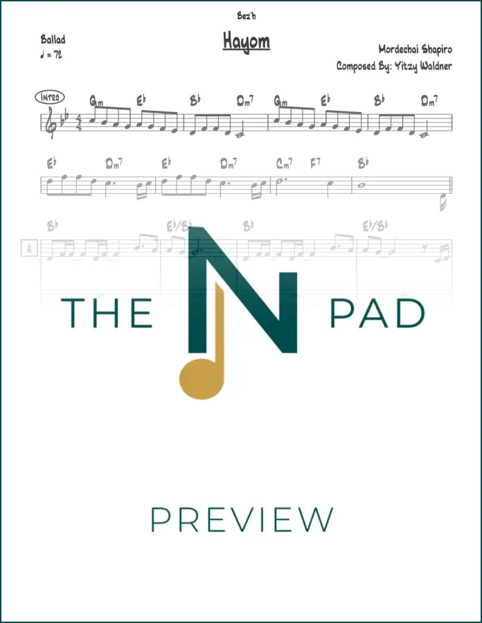 Sheet music for "Hayom" by The Notation Pad, featuring a lead sheet with musical notation and lyrics.