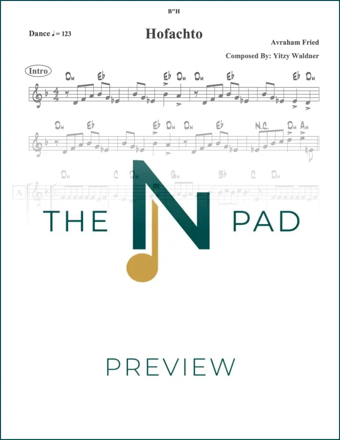 Sheet music for Hofachto - Fried, a lead sheet from The Notation Pad, displayed on a music stand with musical notes and staff lines.