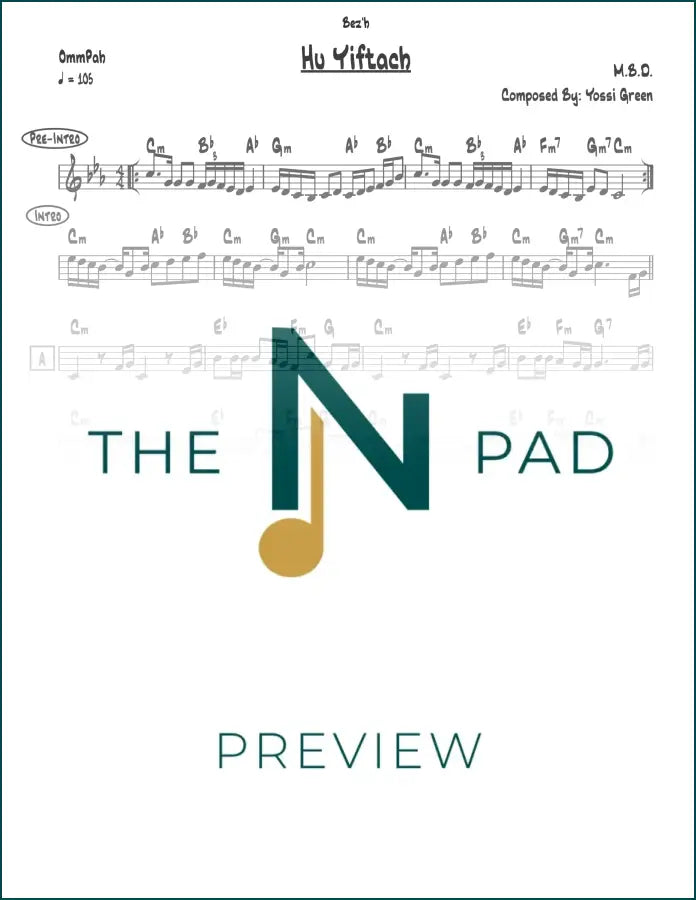 Sheet music titled "Hu Yiftach - MBD" by The Notation Pad, featuring a lead sheet with musical notes and notation.