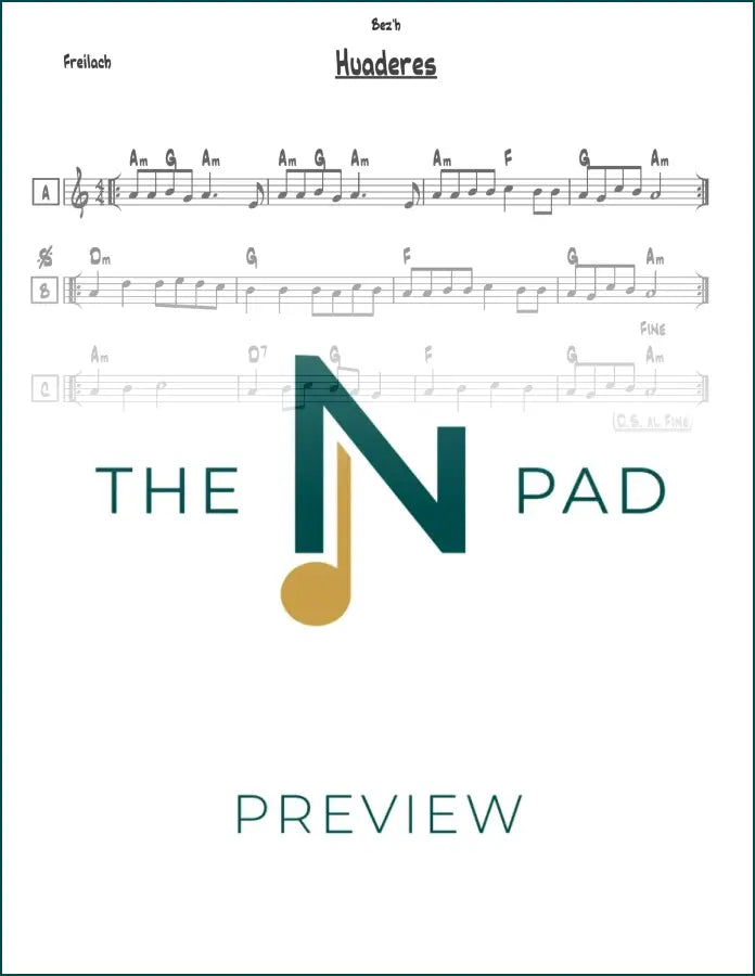 Sheet music lead sheet titled "Huaderes" by The Notation Pad, showing musical notes and notation on a printed page.