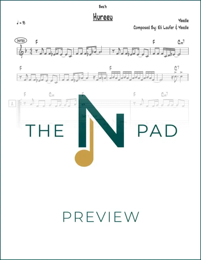 Sheet music for "Yeedle" by Hureeu and Zamru from The Notation Pad, showing musical notes on a lead sheet.