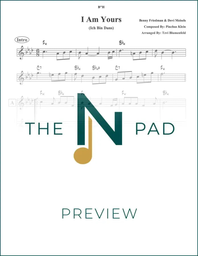 Sheet music titled "I Am Yours" by The Notation Pad, featuring musical notes and lead sheet layout.