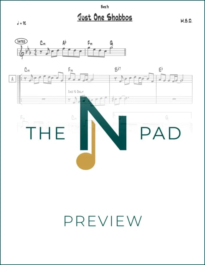 Sheet music for "Just One Shabbos" by MBD from The Notation Pad, featuring lead sheet with musical notes and lyrics.