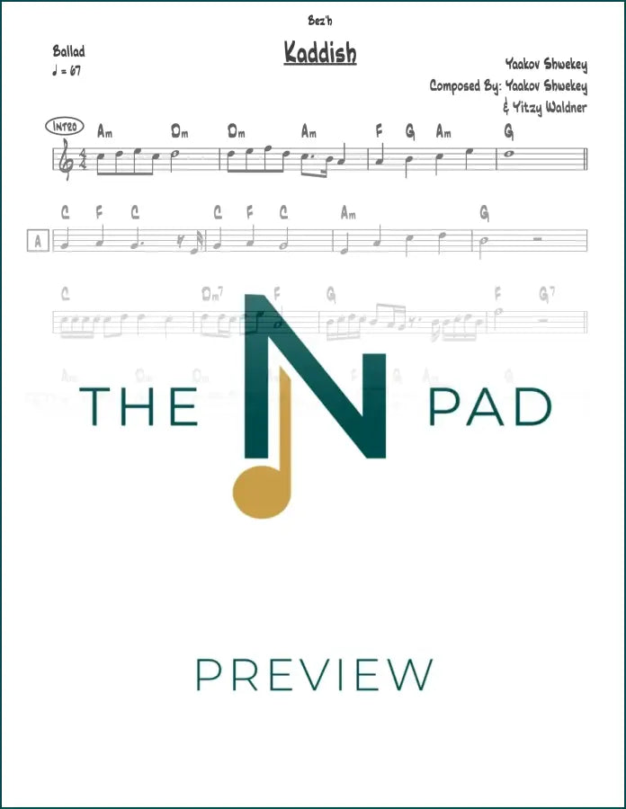 Sheet music for "Kaddish" by Shwekey from The Notation Pad, featuring lead sheet notation on a music stand.