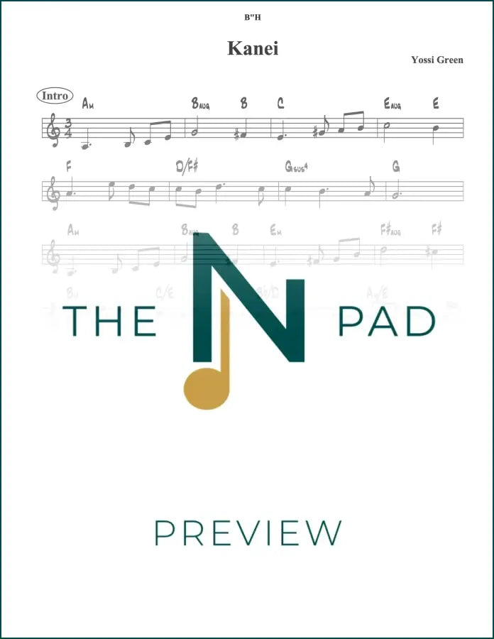 Green sheet music titled Kanei by The Notation Pad, featuring musical notes and lead sheet layout.