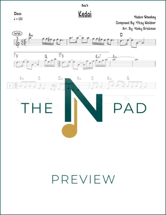 Sheet music for "Kedai" by Shwekey from The Notation Pad, featuring lead sheet with musical notes on white paper.