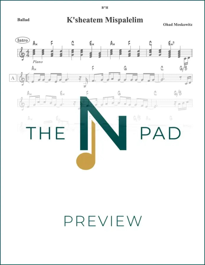 Sheet music for Kesheatem Mispalelim by The Notation Pad, featuring a lead sheet with musical notes and lyrics.