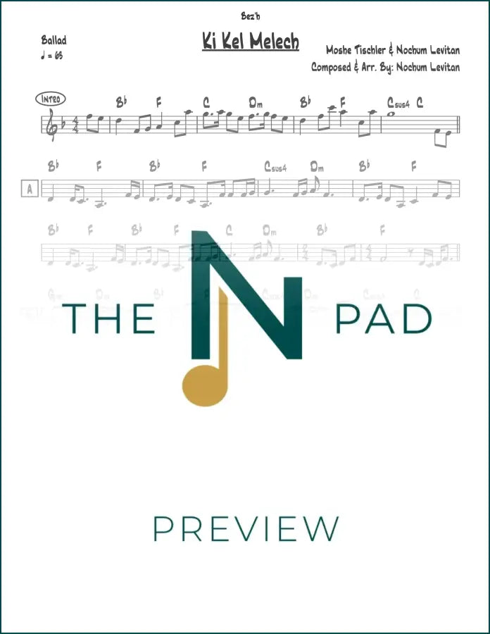 Sheet music for "Ki Kel Melech" by Tischler, published by The Notation Pad, showing musical notes on a printed lead sheet.