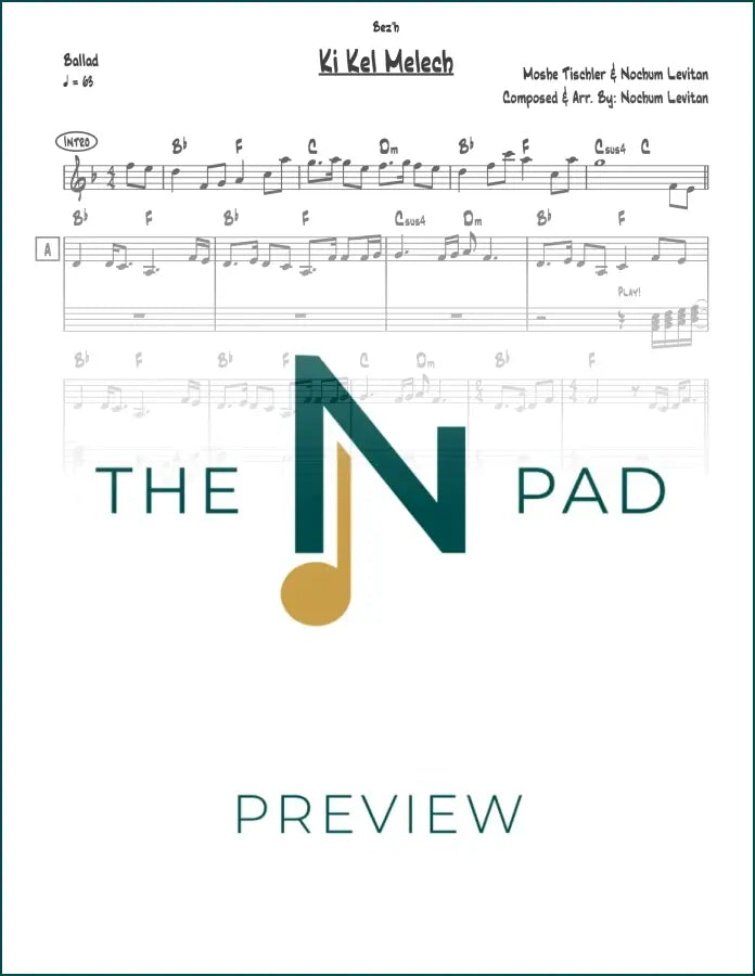 Sheet music for Ki Kel Melech by Tischler from The Notation Pad, featuring a lead sheet with musical notation on a white background.
