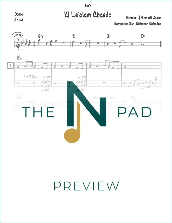 Sheet music for Ki Leolam Chasdo lead sheet from The Notation Pad, featuring musical notation and lyrics.