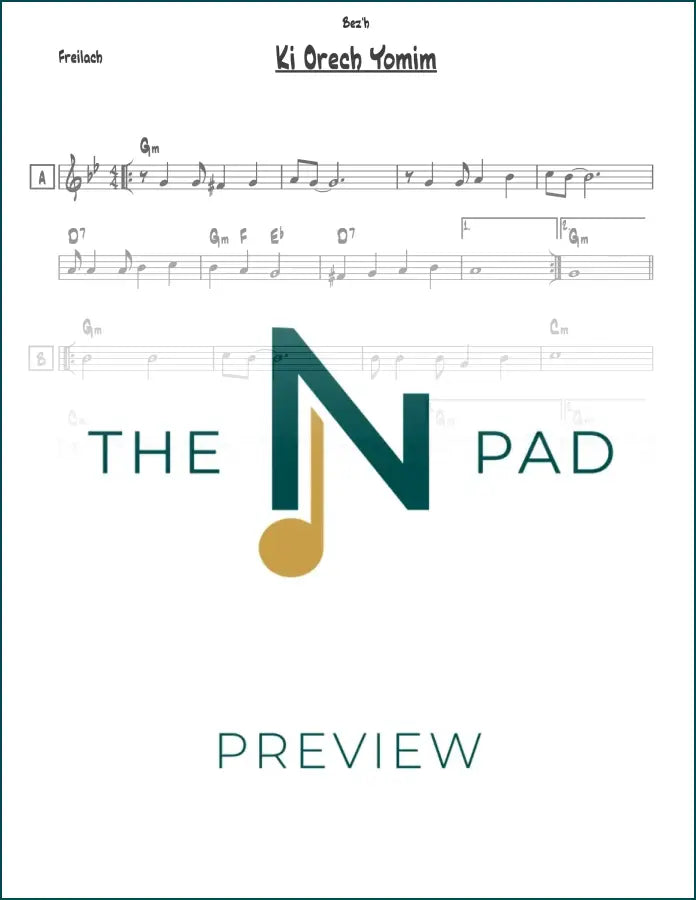 Sheet music for Ki Orech Yomim by The Notation Pad, featuring lead sheet with musical notation and lyrics.