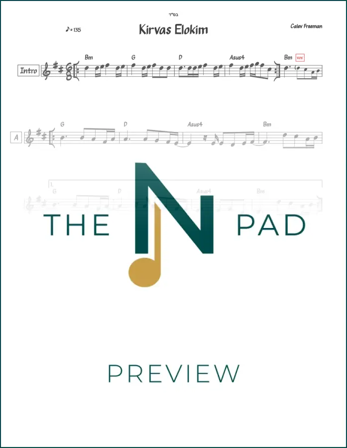 Sheet music for "Kirvas Elokim" by Calev Freeman, published by The Notation Pad, showing musical notes on a page.