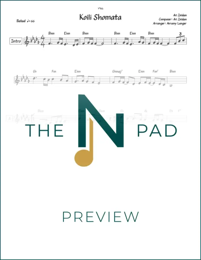 Sheet music for "Koili Shomata" by Ari Zoldan, published by The Notation Pad, featuring musical notation on a lead sheet.
