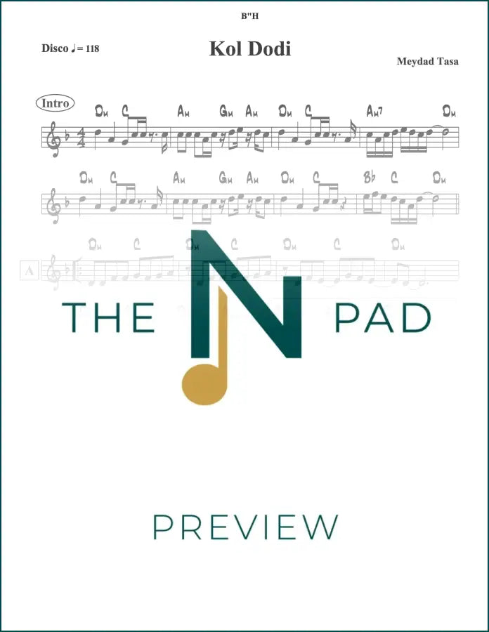 Sheet music for Kol Dodi - Tasa, a lead sheet by The Notation Pad, showing musical notes on a printed sheet.