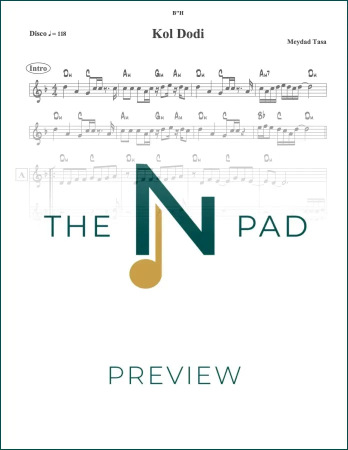 Sheet music for "Kol Dodi - Tasa" by The Notation Pad, displaying musical notes and lyrics on a lead sheet.