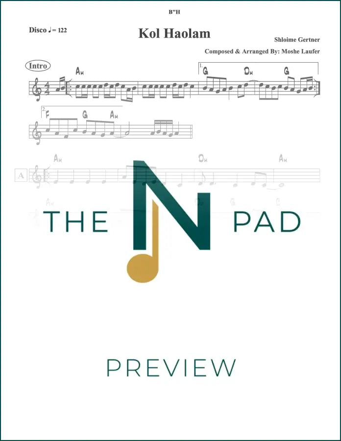 Sheet music for "Kol Haolam" by Gertner, published by The Notation Pad, showing musical notation on a printed lead sheet.