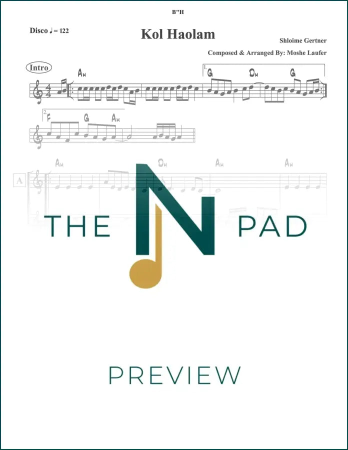 Sheet music for "Kol Haolam" by Gertner, published by The Notation Pad, featuring musical notation on a printed lead sheet.