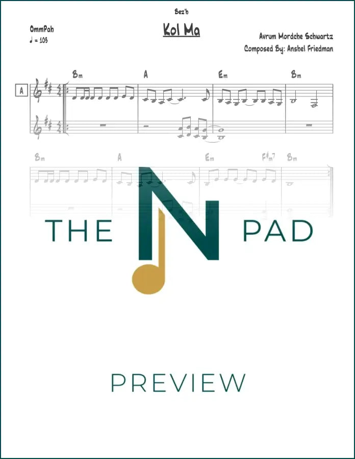 Sheet music for "Kol Ma - Avrum Mordche" by The Notation Pad, showing musical notes on a lead sheet.
