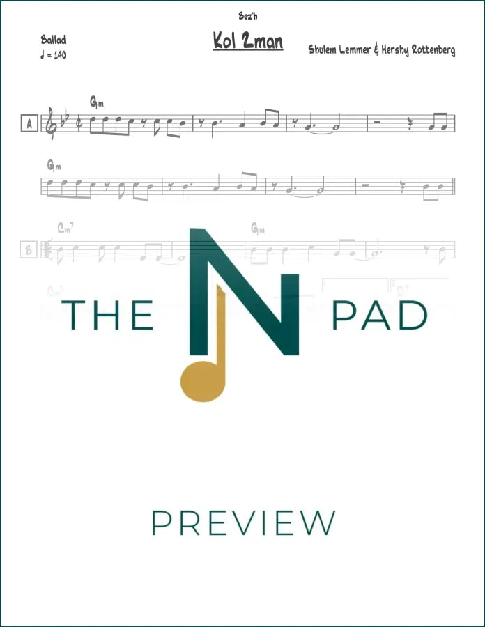 Sheet music titled "Kol Zman" from The Notation Pad, featuring a lead sheet with musical notation on white paper.