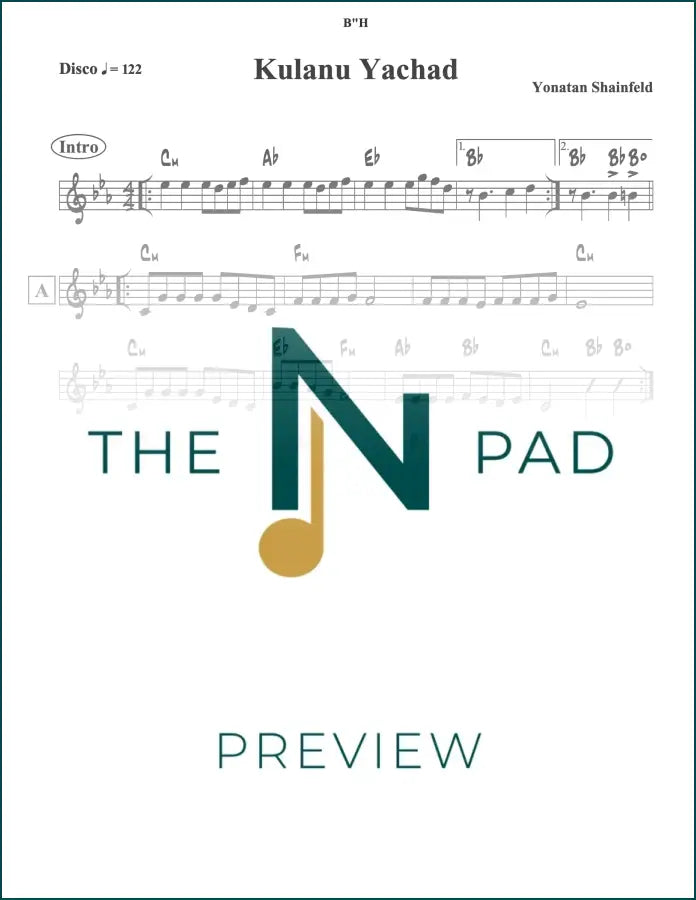 Sheet music for "Kulanu Yachad" by The Notation Pad, featuring a lead sheet with musical notation on white paper.