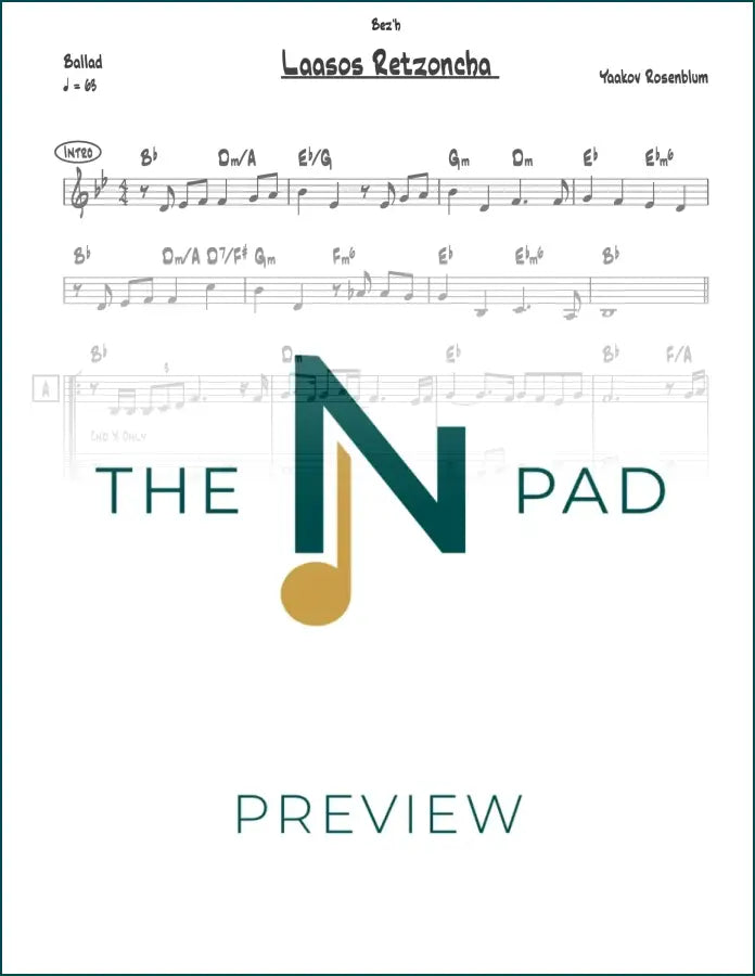 Sheet music for "Laasos Retzoincha" by Yaakov Rosenblum, published by The Notation Pad, showing musical notes on a lead sheet.