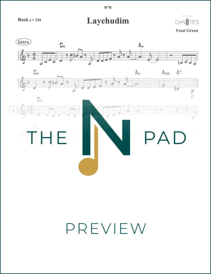 Green sheet music titled "Layehudim" by The Notation Pad, featuring musical notes and staff on a white background.