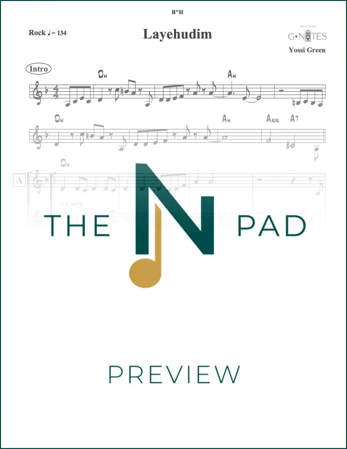 Green sheet music titled "Layehudim" by The Notation Pad, featuring musical notes and lead sheet layout.