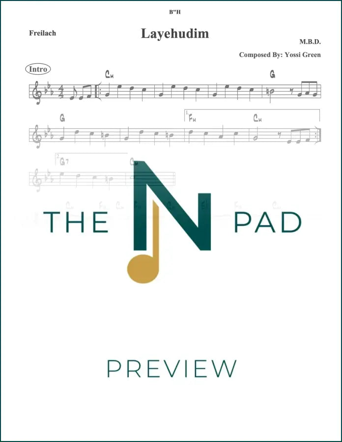 Sheet music titled "Layehudim" from MBD by The Notation Pad, featuring a lead sheet with musical notes on a white background.