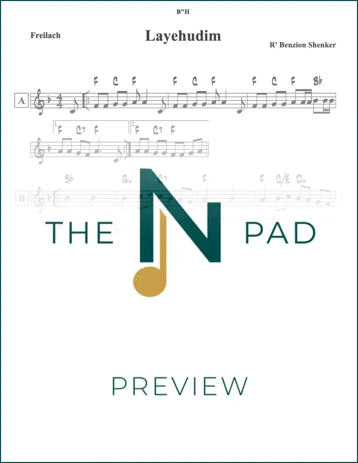 Sheet music for "Layehudim" by Shenker from The Notation Pad, featuring musical notation on a printed lead sheet.