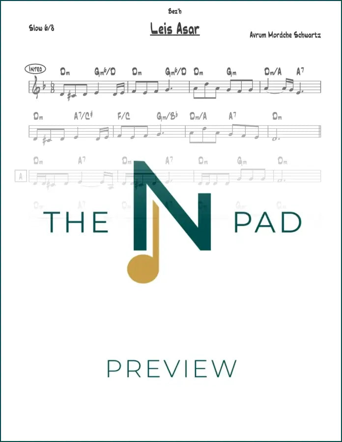 Sheet music for "Leis Asar" by Avrum Mordche, a lead sheet from The Notation Pad, featuring musical notation on paper.