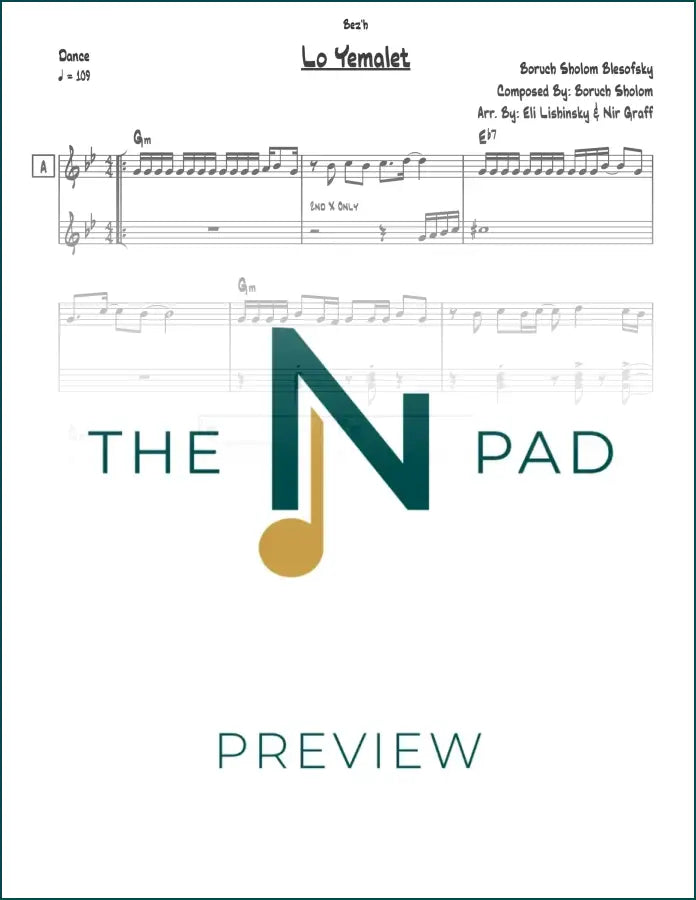 Sheet music for "Lo Yemalet" by Boruch Sholom from The Notation Pad, featuring a lead sheet with musical notation.