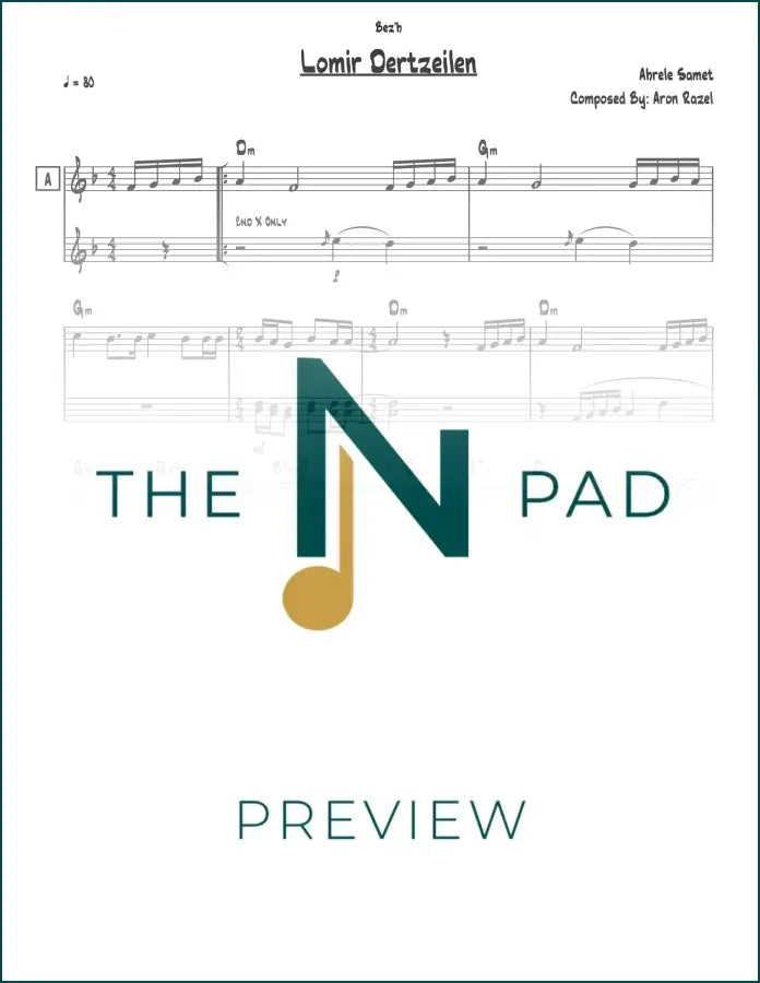 Sheet music for Lomir Dertzeilen in Samet by The Notation Pad, featuring a lead sheet with musical notation and lyrics.