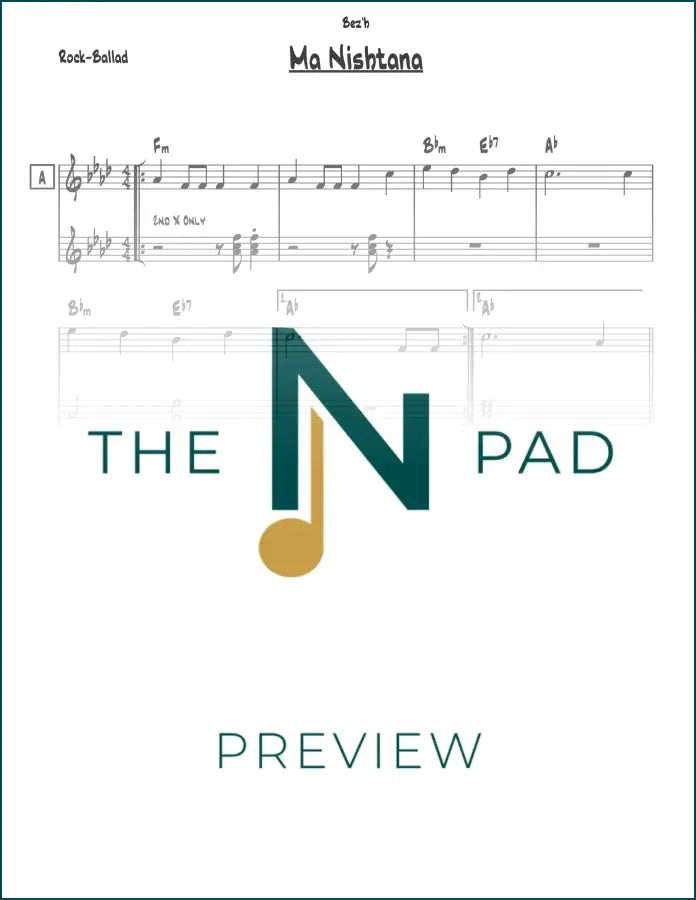 Sheet music for Ma Nishtana - Trad, a traditional song, published by The Notation Pad, showing musical notes and lyrics.
