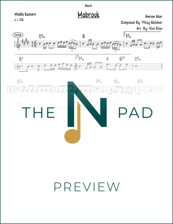 Sheet music for "Mabrouk" by Amram Adar, published by The Notation Pad, featuring musical notation on a lead sheet.