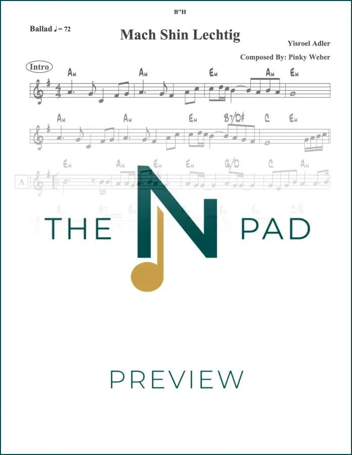 Sheet music page for Mach Shoin Lechtig by Adler, published by The Notation Pad, showing musical notation and lyrics.