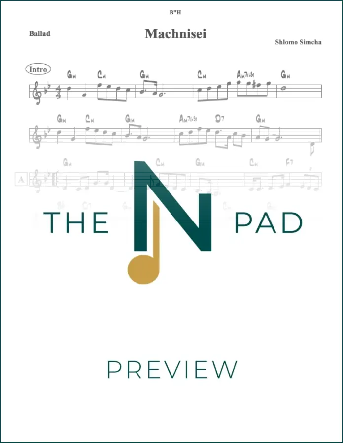 Sheet music for Machnisei by Shlomo Simcha from The Notation Pad, showing musical notation on a lead sheet.