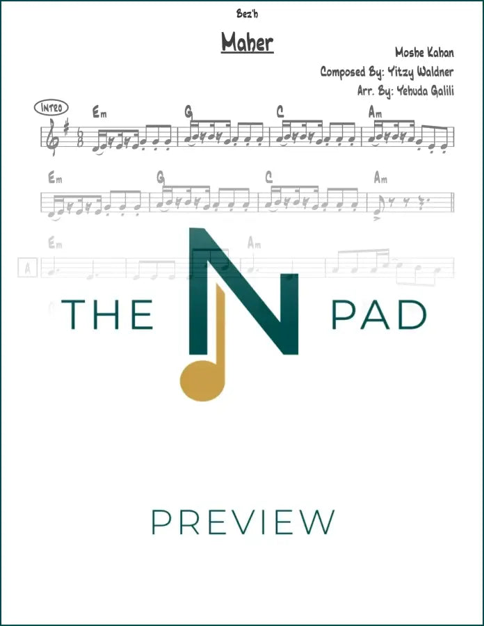 Sheet music lead sheet for "Maher" by Moshe Kahan, published by The Notation Pad, featuring musical notation and lyrics.