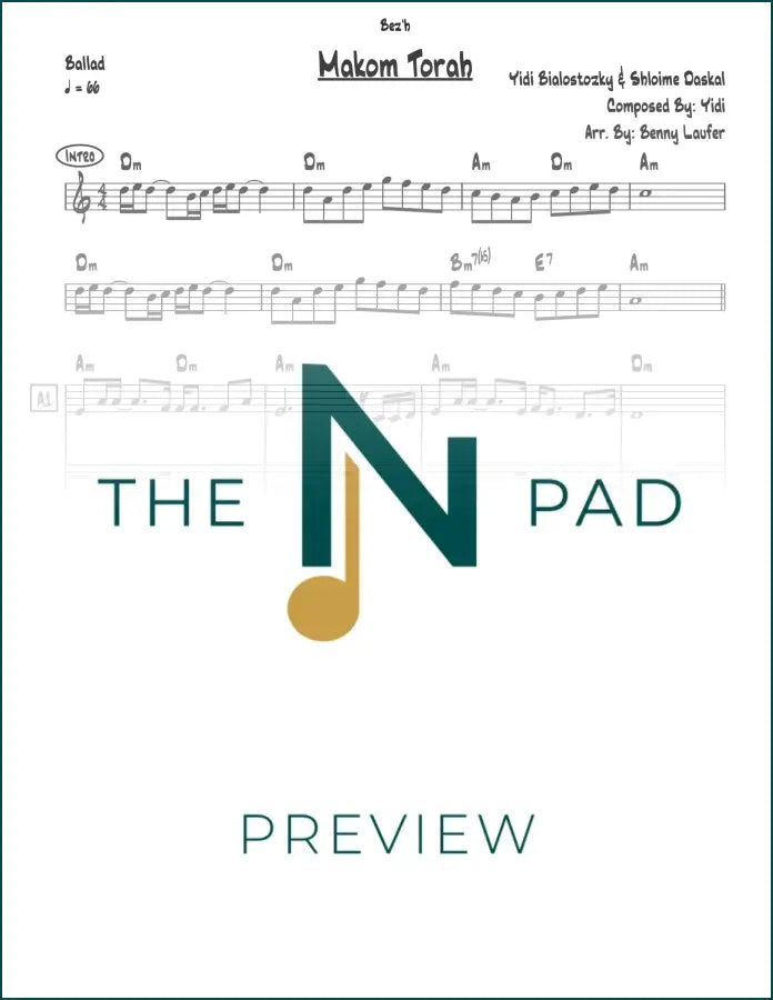 Sheet music for Makom Torah by Bialostozky from The Notation Pad, showing musical notes on a printed lead sheet.