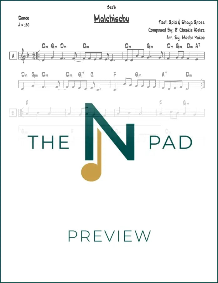Sheet music for "Malchischu" by Cheskie Weisz from The Notation Pad, featuring musical notes on a lead sheet.