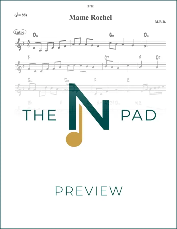 Sheet music for "Mame Rochel" by The Notation Pad, MBD lead sheet, featuring musical notation on a clean background.