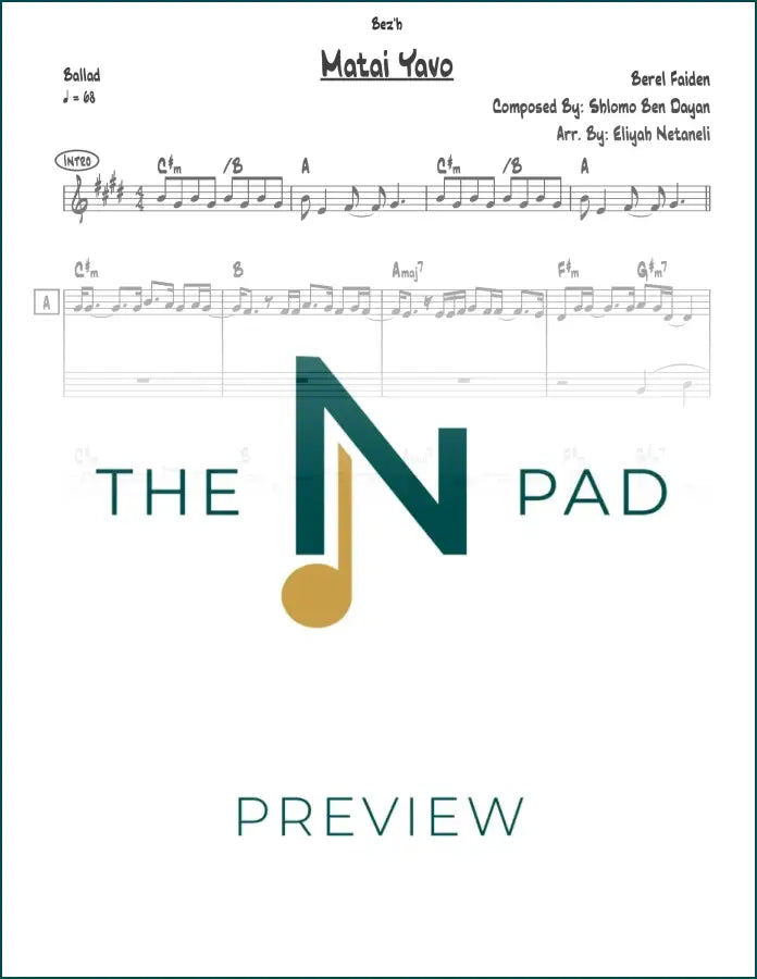 Sheet music for "Matai Yavo" by Berel Faiden, published by The Notation Pad, showing musical notes on a lead sheet.