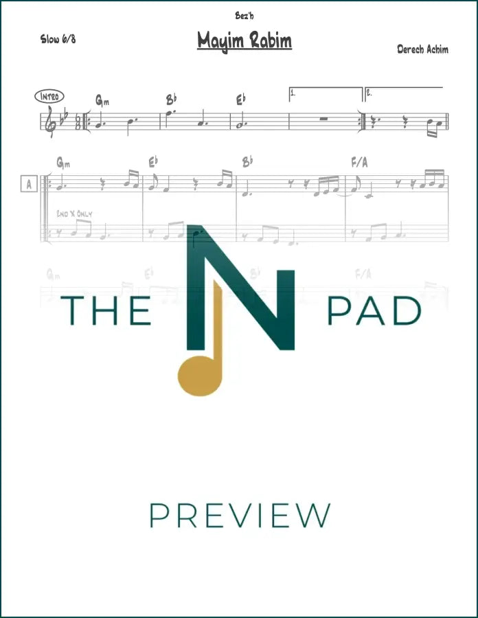 Sheet music for Mayim Rabim - Derech Achim by The Notation Pad, featuring lead sheet with musical notes and lyrics.
