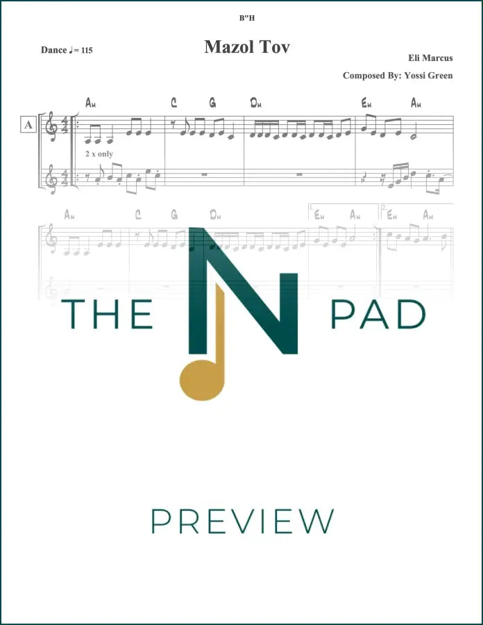 Sheet music for "Mazol Tov" by Marcus from The Notation Pad, featuring lead sheet with musical notes on a white background.