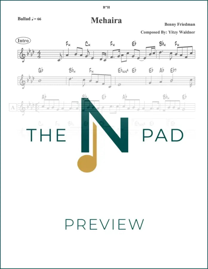 Sheet music for "Meheira" by Benny, a lead sheet from The Notation Pad, featuring musical notation on white paper.